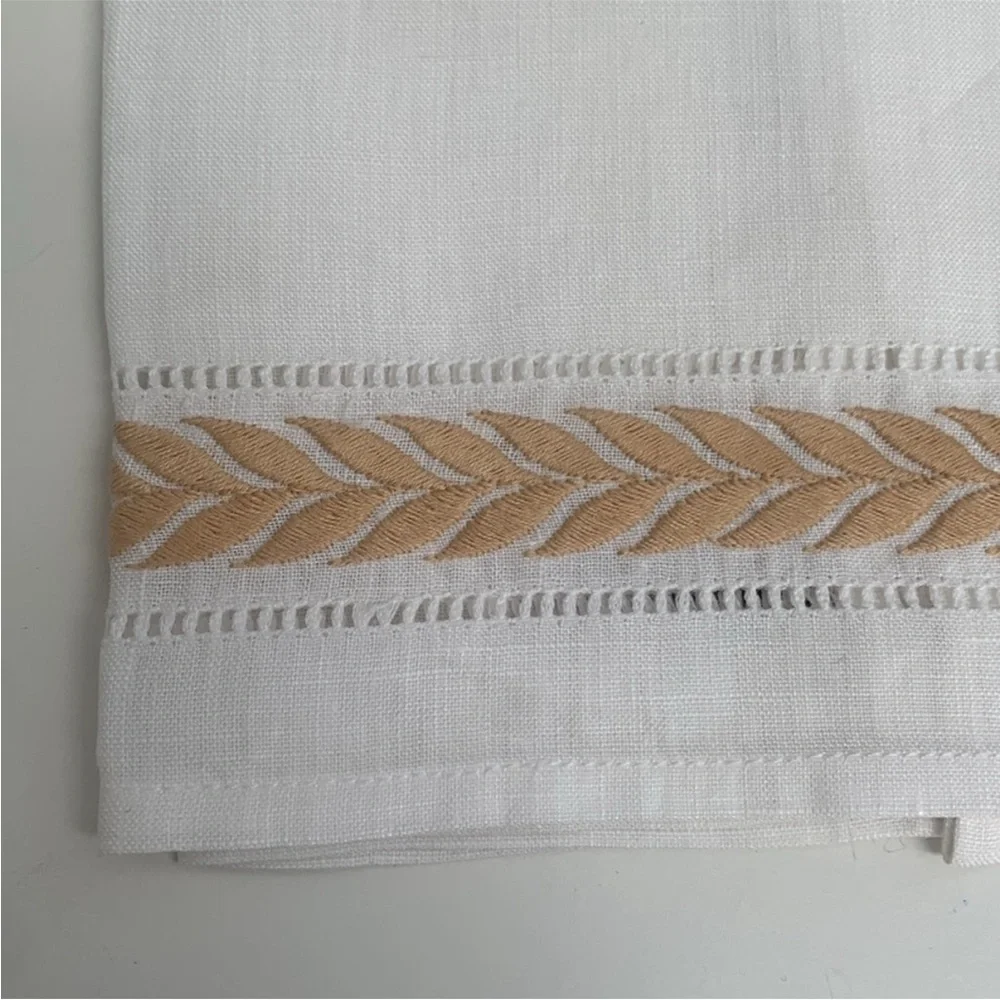 Haute Home Linens White Linen Gold Beige Embroidered Guest Towel Set